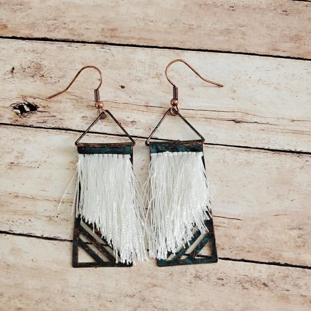 Rustic White Tassel Earrings, Boho Style, Western Jewelry